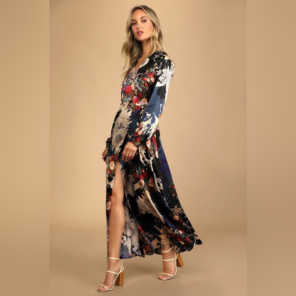 Put on a Smile Blue Floral Print Satin Wrap Maxi Dress
